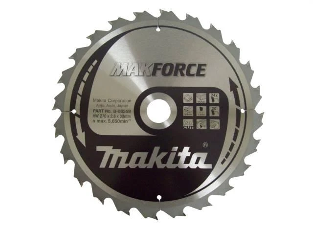 Makita T.C.T. pjūklas 270X2.6X30mm 20° T18 B-12859 T.C.T • 270 x30 mm • T18 • 20° • Medienai