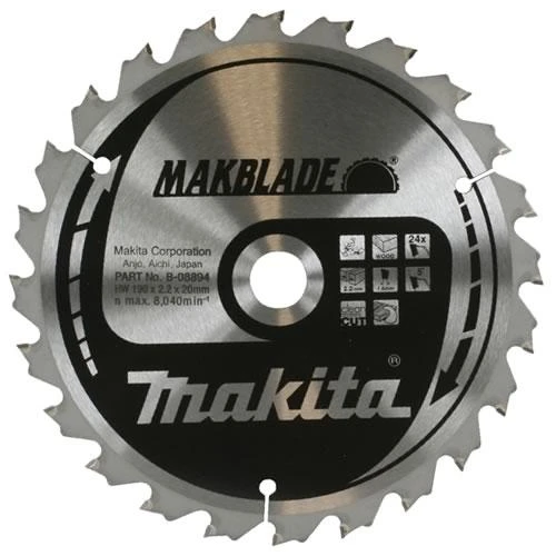 Makita T.C.T. pjūklas MAKBLADE 190X2.2X20mm 5° T48 B-08953 T.C.T • 190 x20 mm • T48 • 5° • Medienai