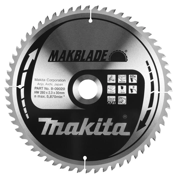 Makita T.C.T. pjūklas MAKBLADE 190X2X20mm 5° T60 B-09042 T.C.T • 190 x20 mm • T60 • 5° • Medienai