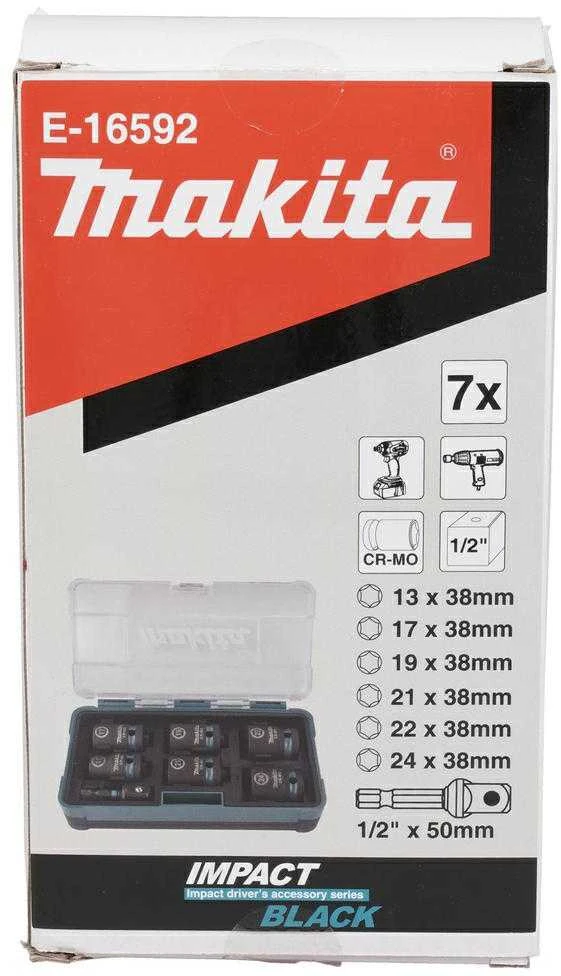 Makita E-16592 Smūginių sukimo galvų komplektas 7 vnt. 1/2''x 38mm ( 13, 17, 19, 21, 22, 24mm) + Adapteris 1/2"x50mm