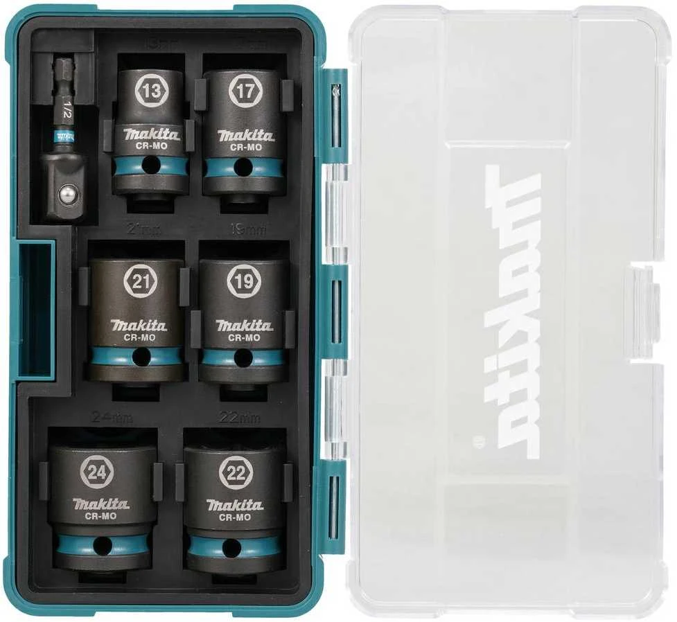 Makita E-16592 Smūginių sukimo galvų komplektas 7 vnt. 1/2''x 38mm ( 13, 17, 19, 21, 22, 24mm) + Adapteris 1/2"x50mm