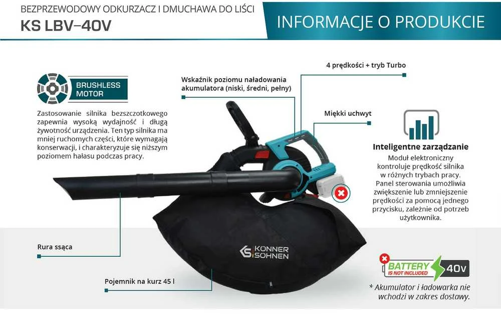 Konner & Sohnen Akumuliatorinis lapų pūstuvas - siurblys 40V, KS LBV-40V, be akumuliatoriaus ir kroviklio