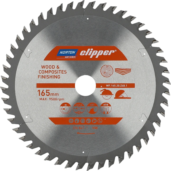 NORTON diskinis pjūklas 165 mm x 20 mm x 48z MEDIENOS IR ATB KOMPOZITAS (2,6 / 1,6)