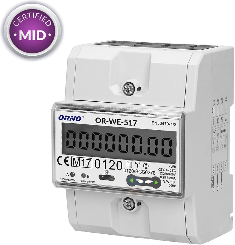 Orno 3 Fazowy Trifazis elektros skaitiklis, 80A, RS-485 prievadas, daugiatarifis, 3 moduliai, DIN TH-35mm