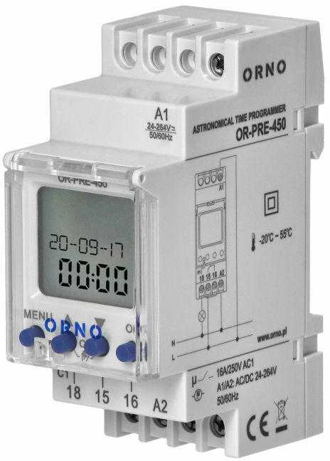 Orno Elektroninis Elektroninis astronomijos ir laiko programuotojas, 52 programos, 3 meniu kalbos, 1 relinis išėjimas, maks. 16A/230V, 2 modulių pločio, DIN TH-35mm