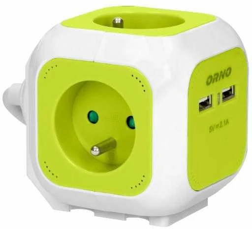 Orno Przedłużacz „Cube“ prailginimo laidas, 4 krypčių (Schuko) su 2xUSB įkrovikliu, 1,4 m, žalias
