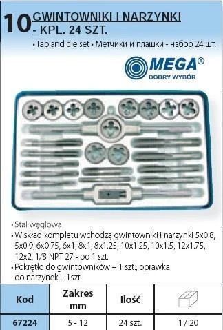 Mega Sriegiklių ir sriegpjovių rinkinys, 5-12mm, 24 dalys