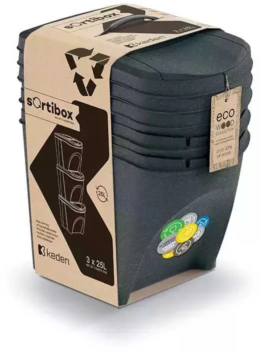 Prosperplast KEDEN ŠIUKŠLIADĖŽĖ SORTIBOX 25L RINKINYS 3 – ANTRACITO SPALVOS ECO WOOD