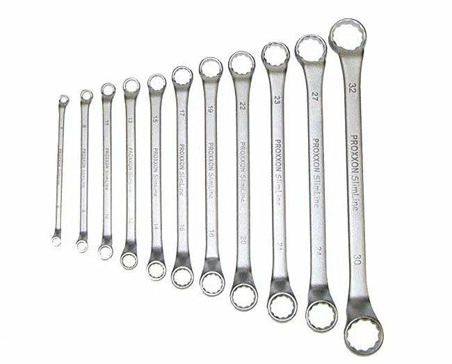 Proxxon 23812 11-Piece Slimline Double Box End Wrench Set - Chrome Vanadium Steel, 75° Offset, DIN/ISO Compliant