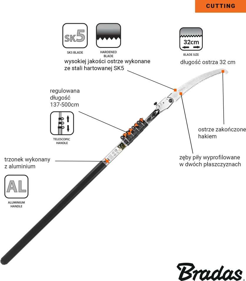 BRADAS TELESKOPINIS SODO PJŪKLAS SULANKSTOMAS SU KABLIU V-SERIES 137-500cm