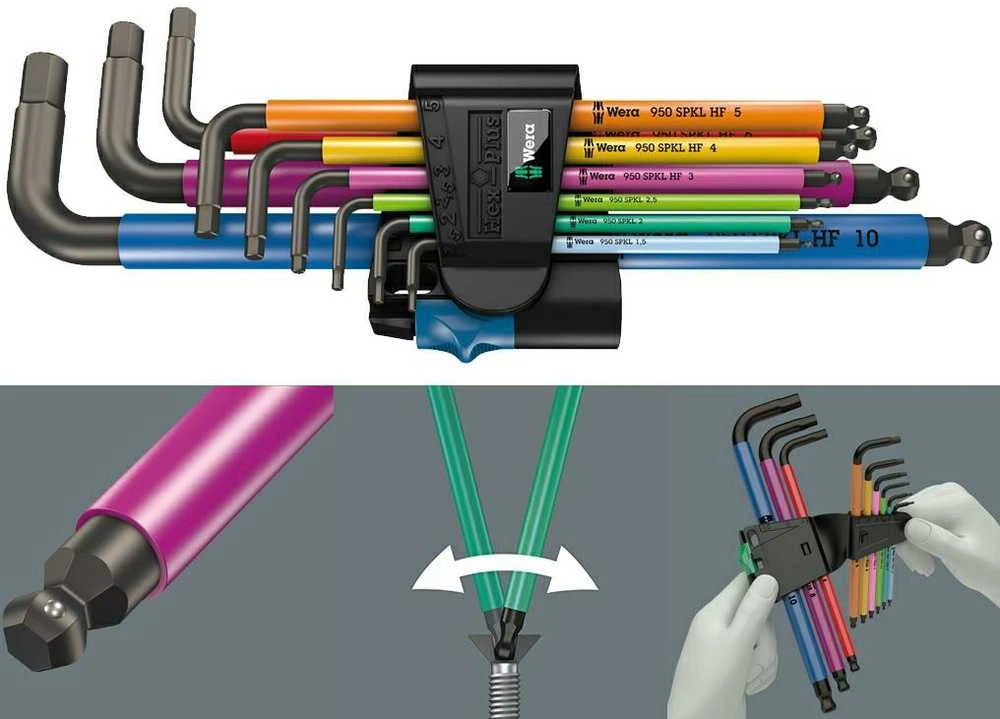Šešiakampių L-formos raktų komplektas WERA Hex-Plus, 1,5-10 mm, HEX tipo, suapvalintu galu, spalvoti, su prilaikymu, 9 vnt.