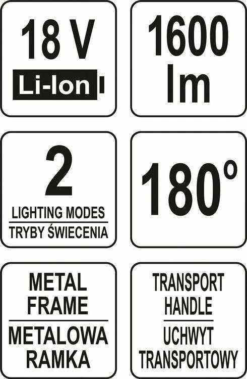 YATO LED PRIEKINIS ŽIBINTAS 18V 1600LM 20W BE Akumuliatoriaus IR Įkroviklio
