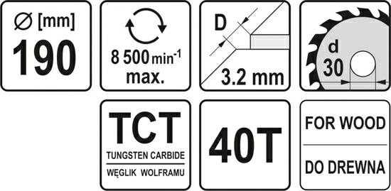 Yato volframo karbido diskinis pjūklas, skirtas medienai pjauti 190x40Tx30mm (YT-60489)