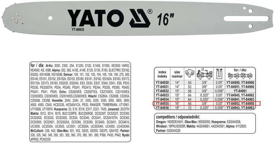 YATO GRANDINĖS VADOVAS 40cm (16") 3/8"P