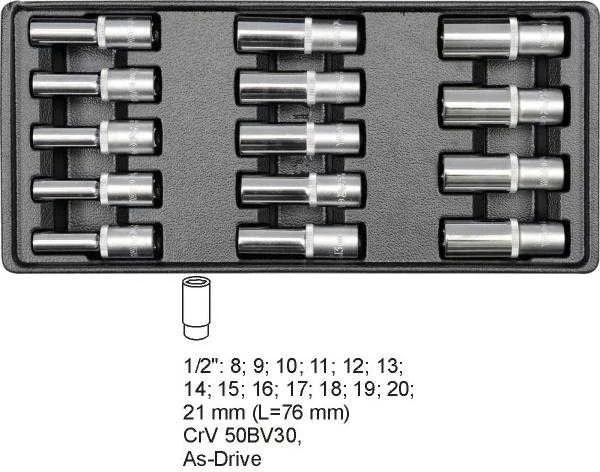 YATO STALČIAUS ĮDĖLIS ILGI PRIEDAI 1/2 "14 vnt 8-21mm 5539