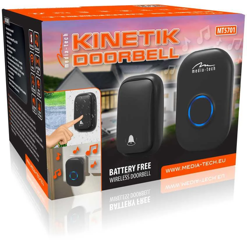 Kinetinis belaidis durų skambutis Media-Tech MT5701, Juodos spalvos