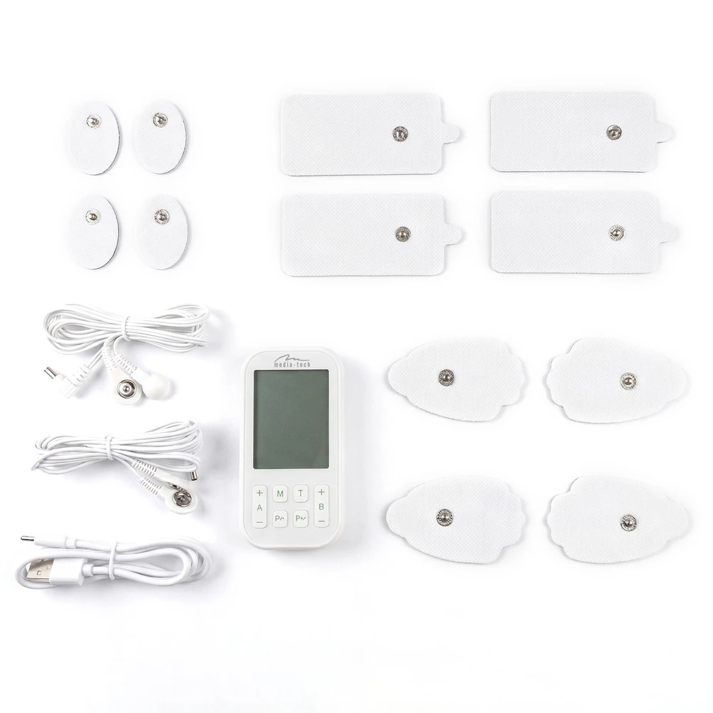Media-Tech TENS/EMS PHYSIOTHERAPY MASSAGER – 3-in-1 TENS/EMS nervų ir raumenų stimuliatorius, 60 programų, intuityvus meniu, didelis LCD ekranas, 2 nepriklausomi A/B kanalai, TIMER funkcija, saugūs ir hipoalergiški elektrodai, įkraunama USB-C baterija.
