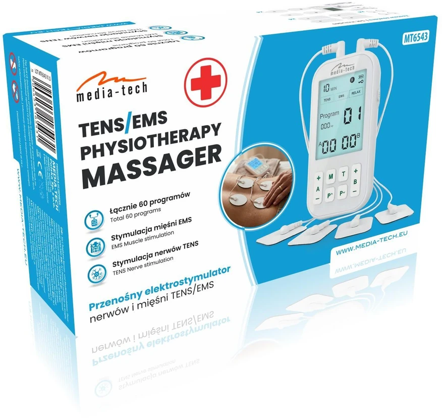 Media-Tech TENS/EMS PHYSIOTHERAPY MASSAGER – 3-in-1 TENS/EMS nervų ir raumenų stimuliatorius, 60 programų, intuityvus meniu, didelis LCD ekranas, 2 nepriklausomi A/B kanalai, TIMER funkcija, saugūs ir hipoalergiški elektrodai, įkraunama USB-C baterija.