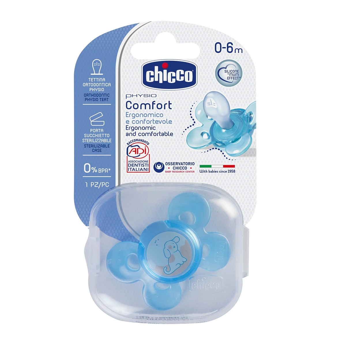 CHICCO Ortodontinis žindukas PHYSIO COMFORT su sterilizavimo dėklu, 0-6M, Iš "Mum effect" silikono