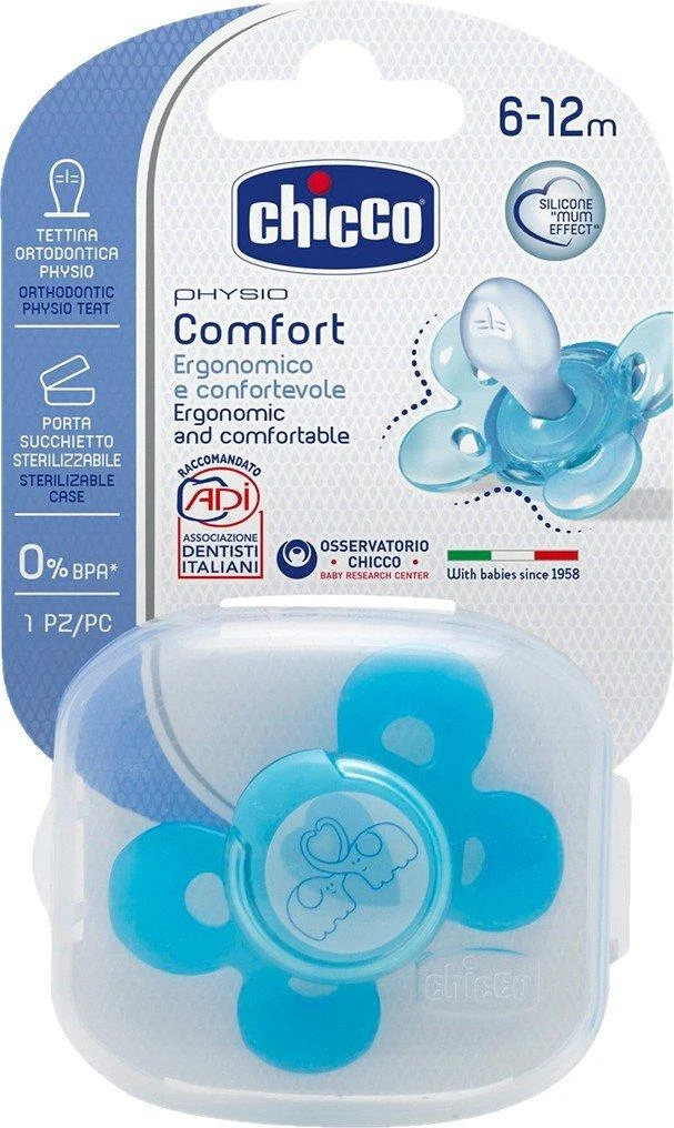 CHICCO Ortodontinis žindukas PHYSIO COMFORT su sterilizavimo dėklu, 6-12M, Iš "Mum effect" silikono