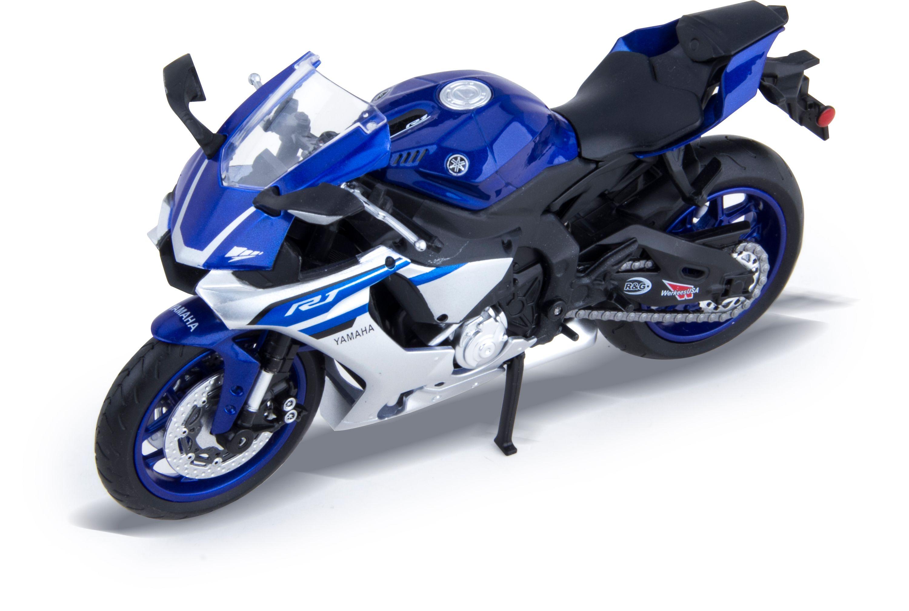 MSZ Motorcycle Yamaha 1:12 YZF-R1 Šis modelis – 1:12 mastelio motociklas; Aukštis 10 cm, plotis 6,3 cm, gylis 17,3 cm.