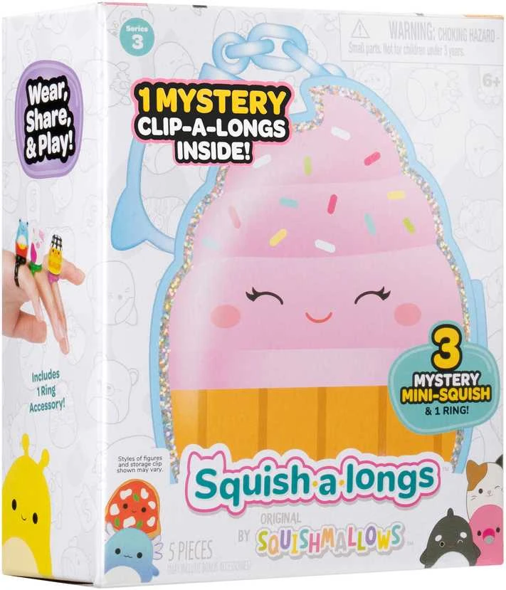 SQUISHMALLOWS CLIP-A-LONGS Herojai-siurprizai, 3 vnt., 2,5 cm