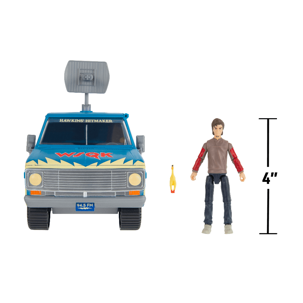 STRANGER THINGS figūrėlės ir transporto priemonės rinkinys – Styvas su SQWK furgonu ir aksesuarais