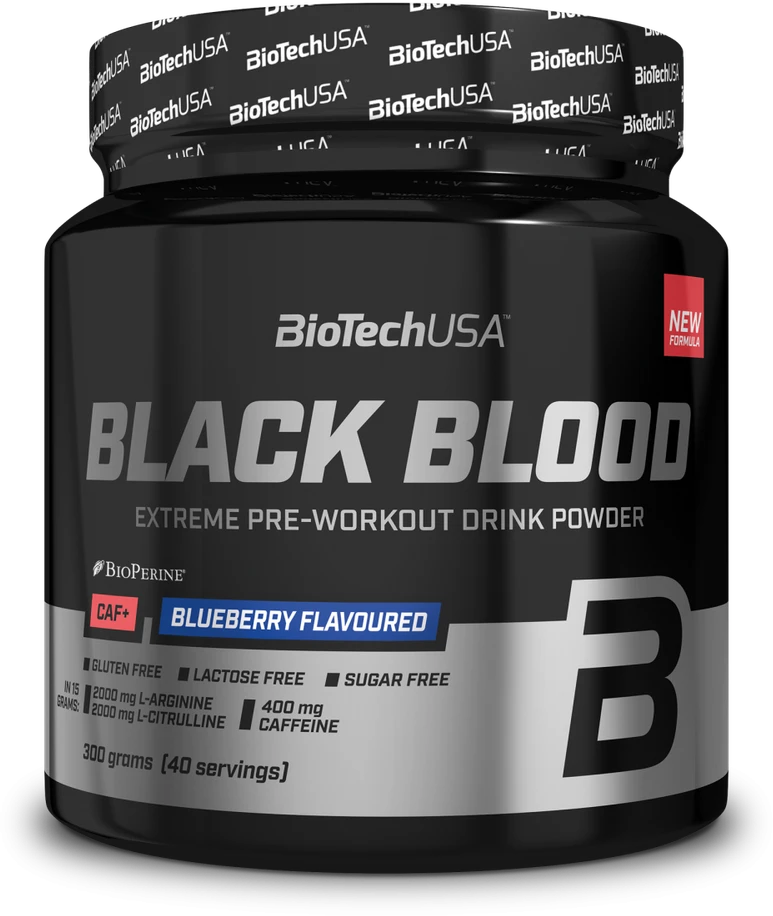 Biotech Juodas Blood CAF+ 300g. (Blueberry skonis)