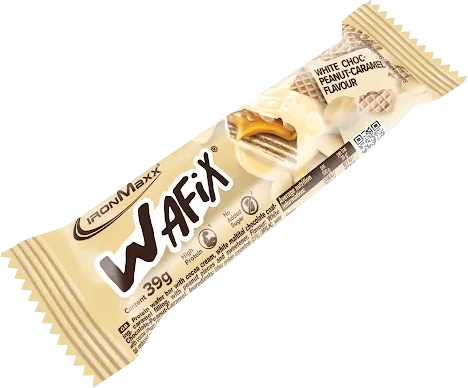 IronMaxx Wafix 39 g. Geriausias iki 2026-09-30 (Baltas Chocolate Peanut Caramel skonis )