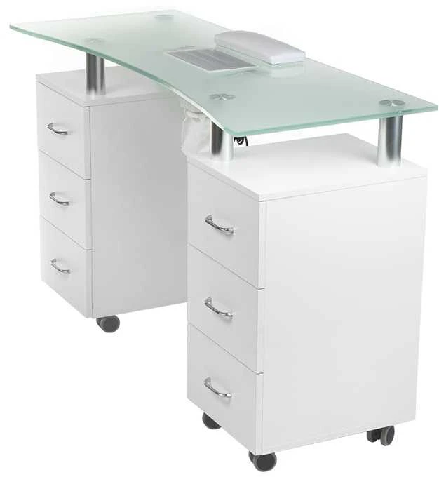 Beauty System Manikiūro stalas su dulkių surinkėju MANICURE DESK ELEGANCE GLASS Baltas