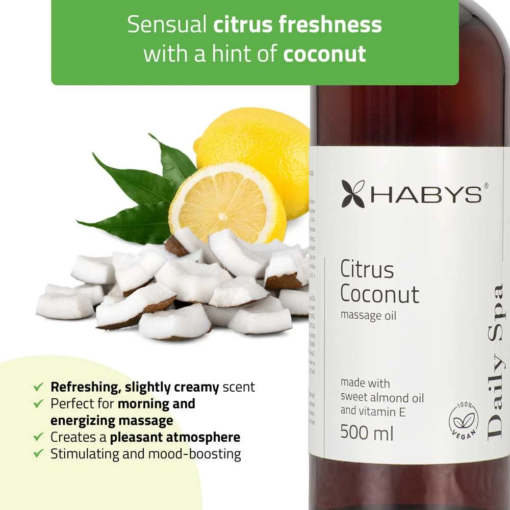 Habys Citrusinių vaisių ir kokosų masažo aliejus, 500 ml