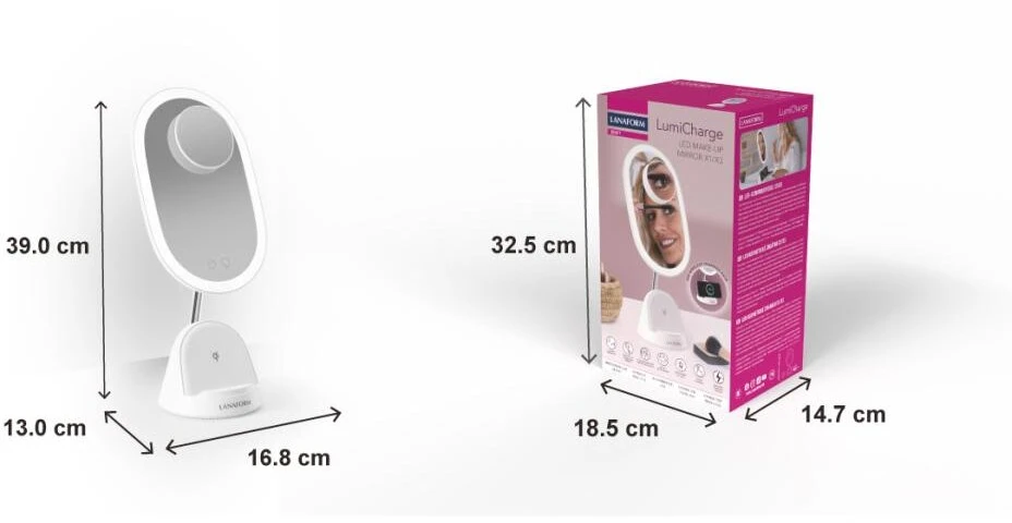 Makiažo veidrodis Lanaform LumiCharge su LED apšvietimu ir belaidžiu įkrovikliu baltas