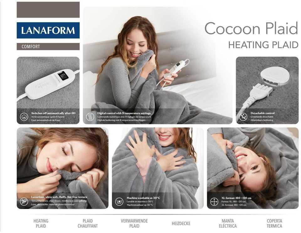 Elektrinė antklodė Lanaform Cocoon Plaid Ultra-soft Pilkas 160×120cm