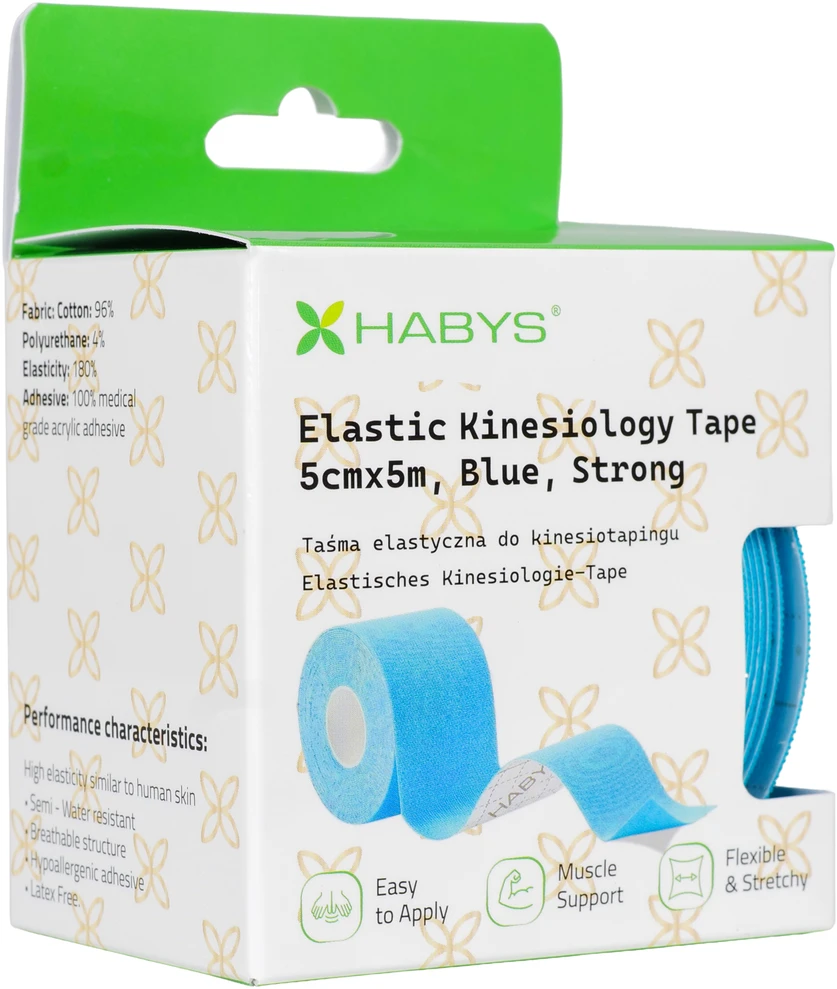 Sporto ir reabilitacijos kinezio juosta (kineziologinis teipas) Habys Strong Elastic 5 cm × 5 m, mėlyna