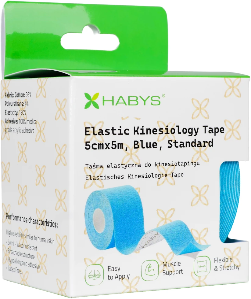 Sporto ir reabilitacijos kinezio juosta (kineziologinis teipas) Habys Standard Elastic 5 cm × 5 m, mėlyna