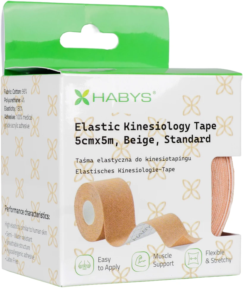 Sporto ir reabilitacijos kinezio juosta (kineziologinis teipas) Habys Standard Elastic 5 cm × 5 m, smėlio