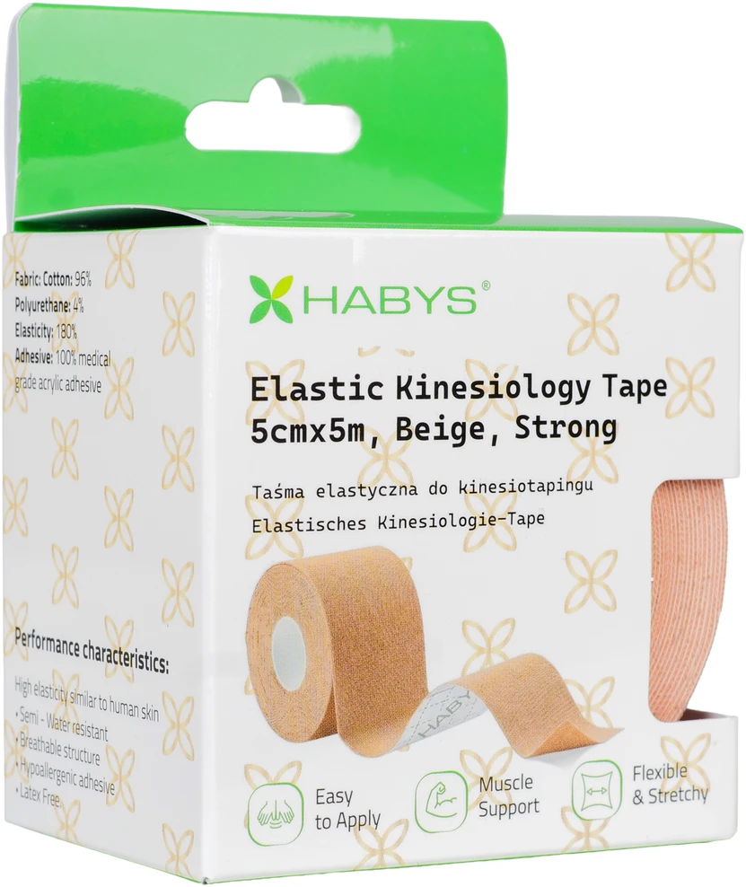 Sporto ir reabilitacijos kinezio juosta (kineziologinis teipas) Habys Strong Elastic 5 cm × 5 m, smėlio