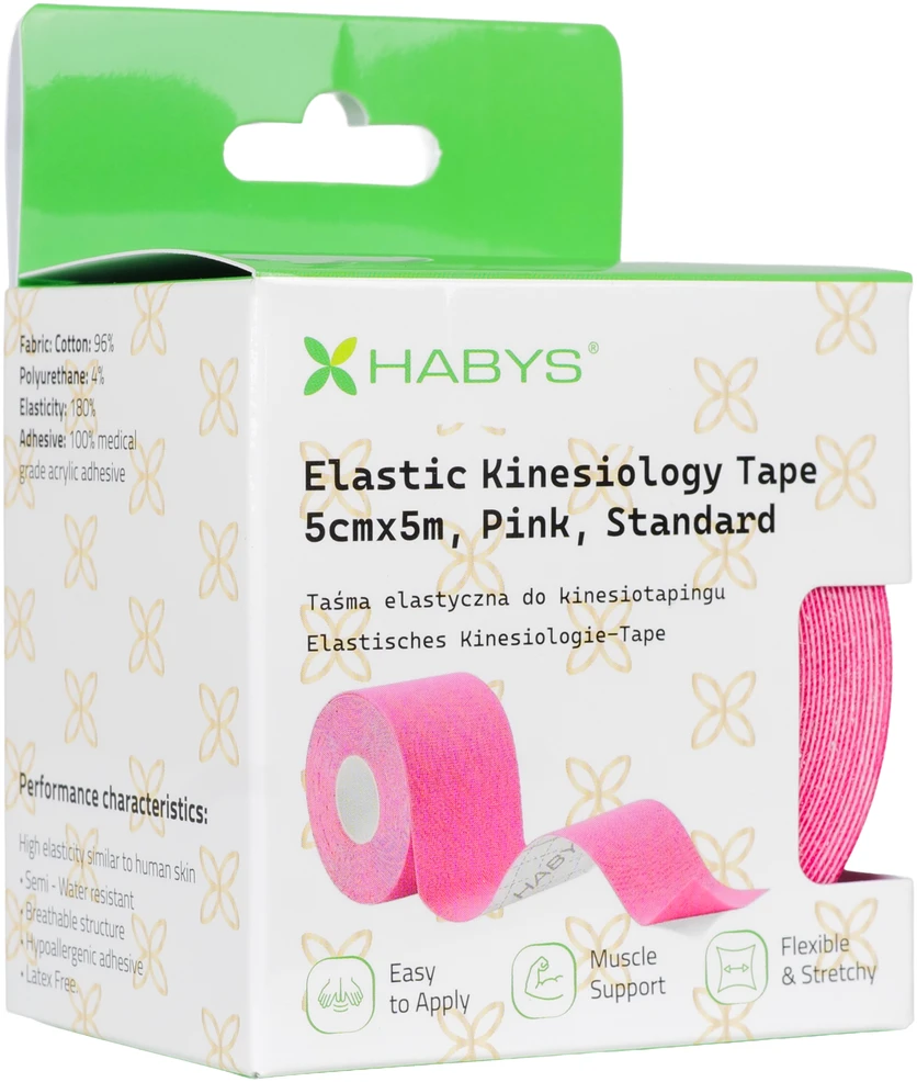 Sporto ir reabilitacijos kinezio juosta (kineziologinis teipas) Habys Standard Elastic 5 cm × 5 m, rožinė