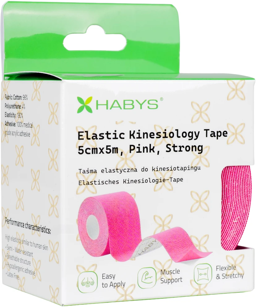 Sporto ir reabilitacijos kinezio juosta (kineziologinis teipas) Habys Strong Elastic 5 cm × 5 m, rožinė