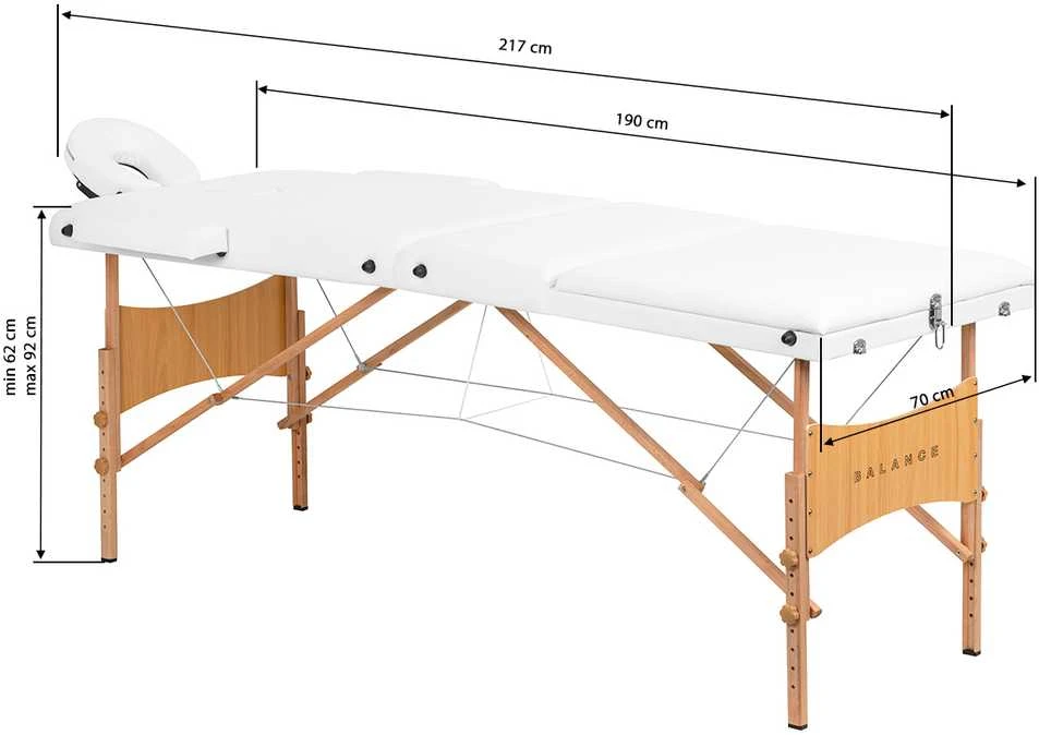 Activeshop Sulankstomas medinis masažo stalas Balance Lux 3 segmentų 190×70 cm baltas