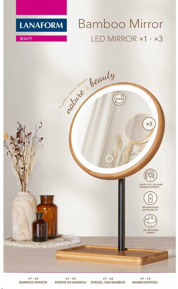 Vaizdą didinantis veidrodis (X1/X3) su LED apšvietimu Lanaform Bamboo Mirror
