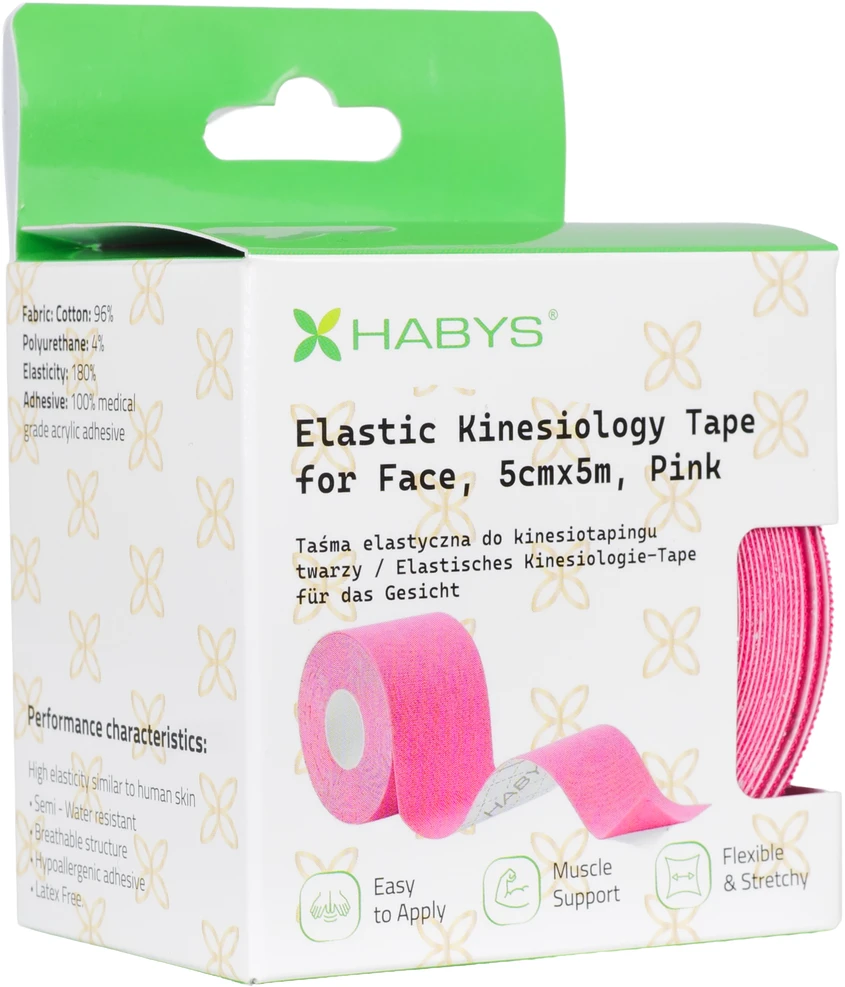 Veido ir kaklo kinezio juosta (kineziologinis teipas) Habys Face Elastic 5 cm × 5 m, rožinė