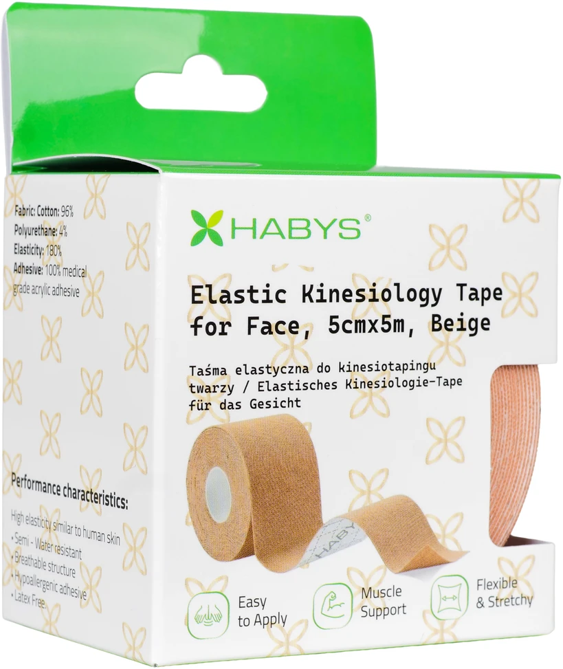 Veido ir kaklo kinezio juosta (kineziologinis teipas) Habys Face Elastic 5 cm × 5 m, smėlio spalva