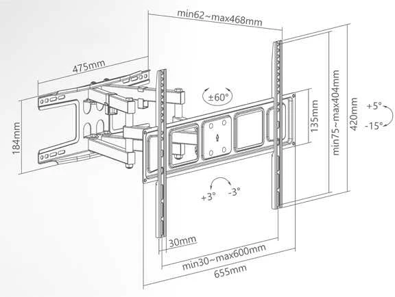 Superior Electronics Televizoriaus sieninis laikiklis 37-80, itin plonas, visiškai judantis