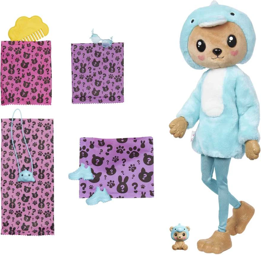 Barbės „Cutie Reveal“ rinkinys, minkštutėlių kostiumų serija - meškutis + delfinas