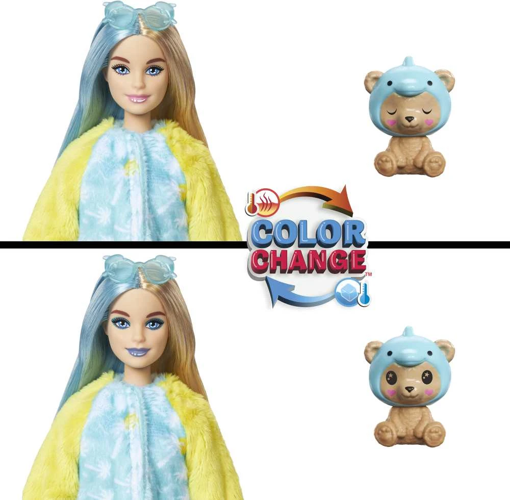 Barbės „Cutie Reveal“ rinkinys, minkštutėlių kostiumų serija - meškutis + delfinas