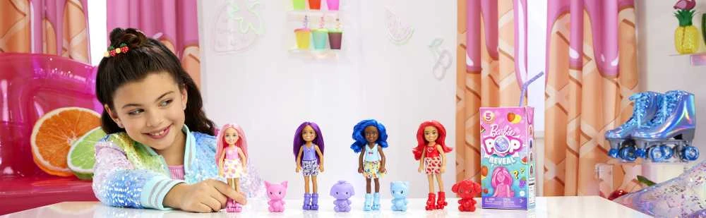 Mattel CHELSEA POP REVEAL siurprizų rinkinys, vaisių serija (HRK58)