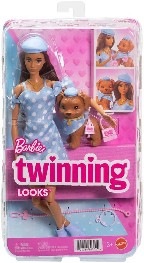Mattel BARBIE TWINNING LOOKS tamsiaplaukės lėlės ir šunelio rinkinys (JFP38)