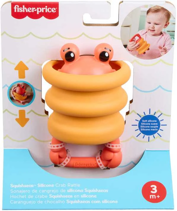 Fisher-Price silikoninis krabo barškutis pakuotėje