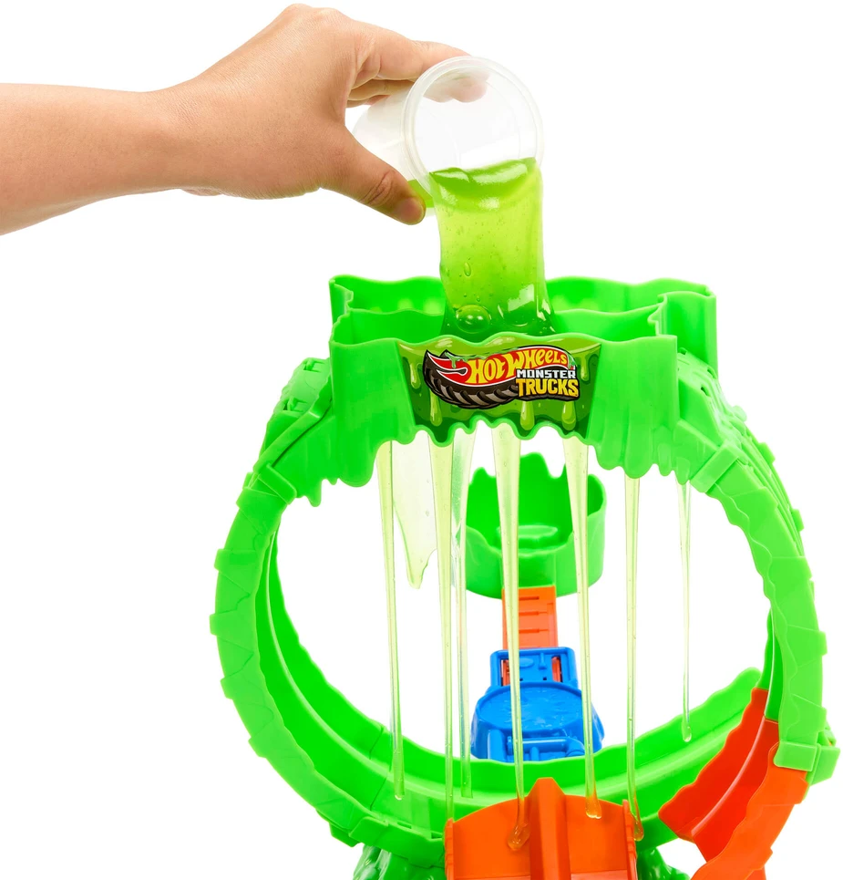 Mattel HOT WHEELS MONSTER TRUCKS MUTANT CHAOS triukų trasa su slaimu (JMK91)